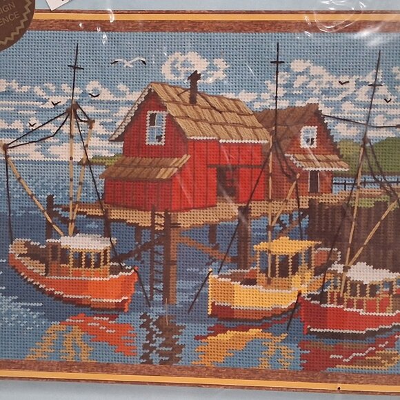 Harbor Reflections Fishing Boats Nautical Needlepoint Kit MCM Vintage 1979 - Picture 1 of 5